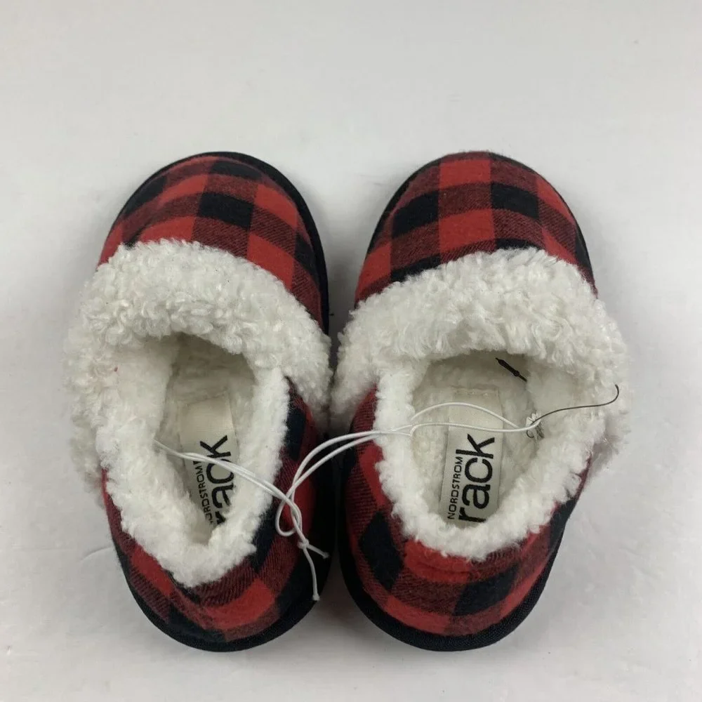 Nordstrom Rack Faux Shearling‎ Slippers Kid's 11/12 Red Bloom Buffalo Plaid 8009